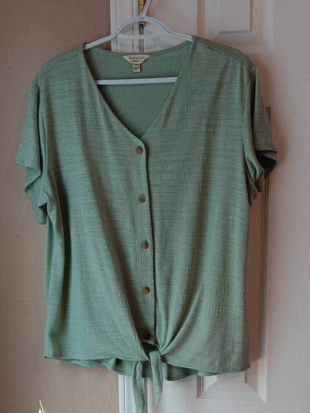 Weatherproof Sage Green Button-Front Tie-Hem Top